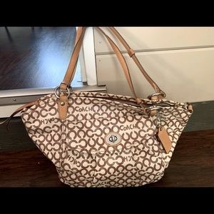 Coach bag, purse 12 deep. x  15 w-color is cream & tan - in like new condition!